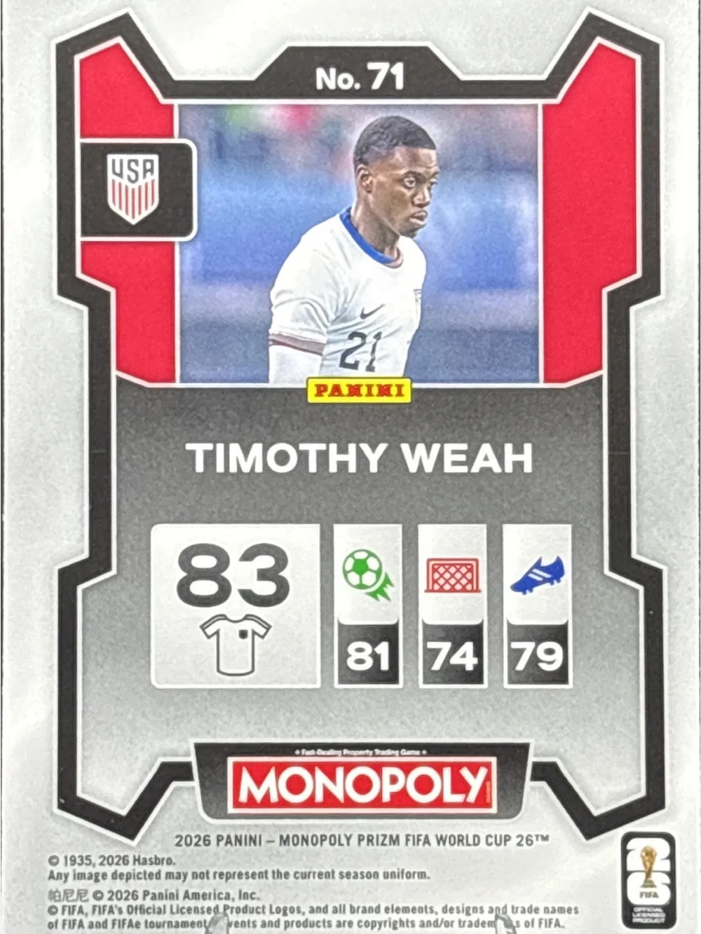Panini Prizm Monopoly Timothy Weah Soccer Trading Card